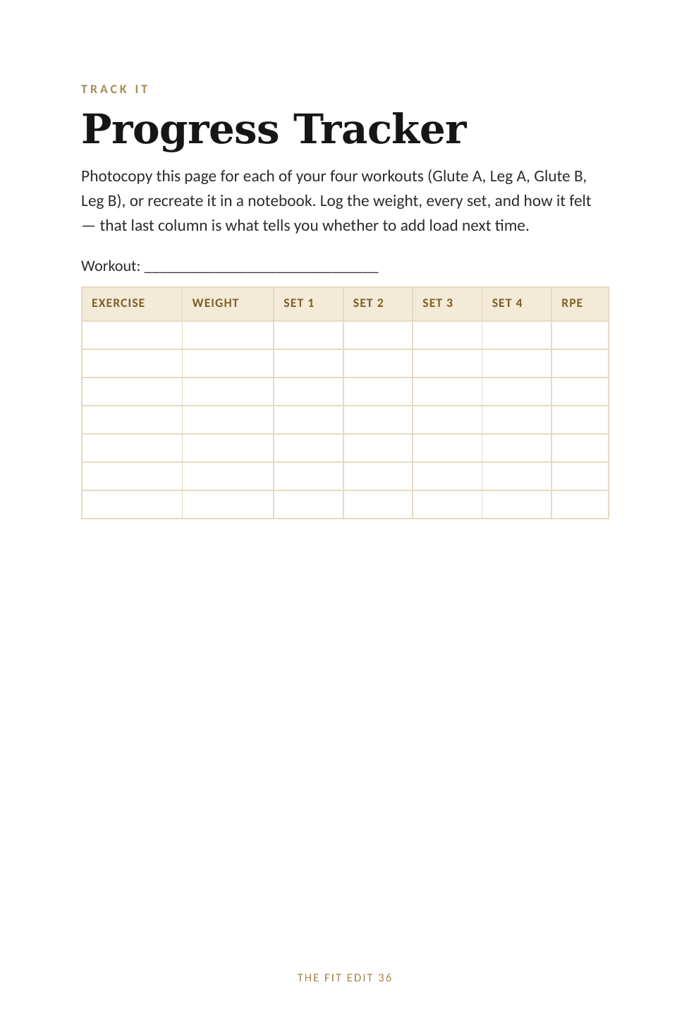 Progress tracker page from The Glute Edit