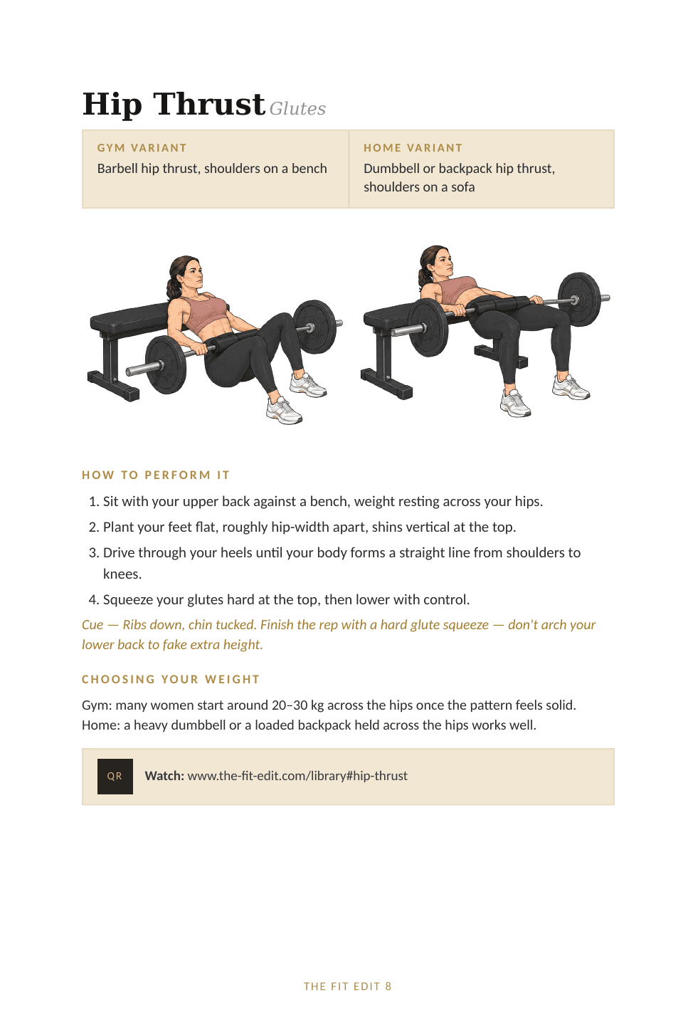 Hip Thrust exercise page from The Glute Edit