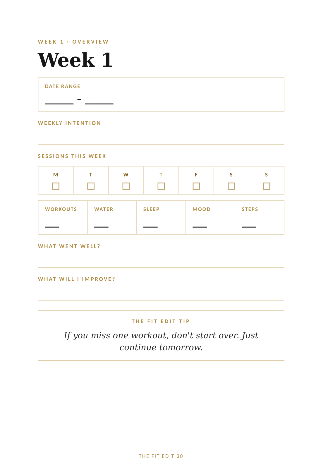 Weekly Overview page from The Fit Edit 12-Week Planner