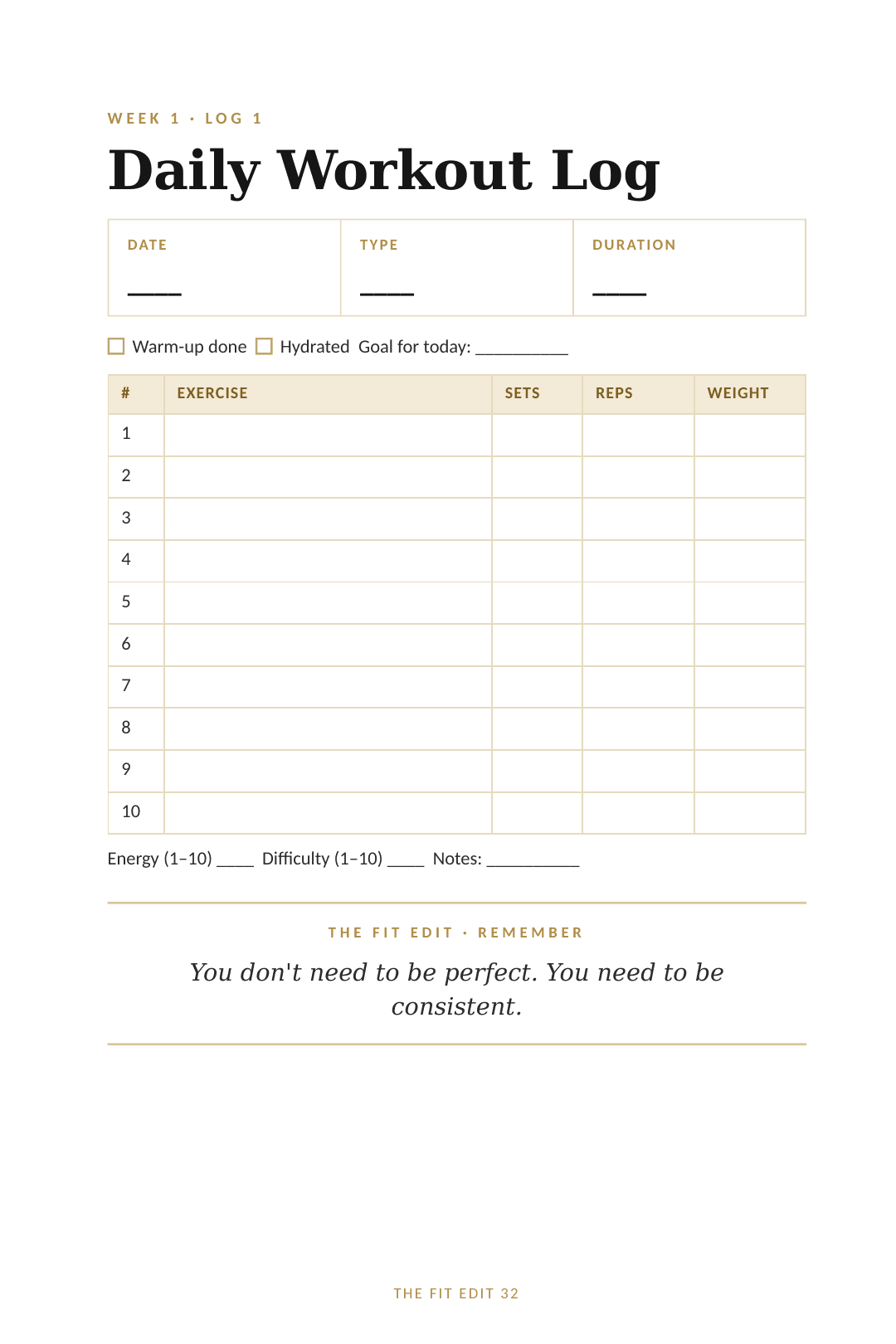 Daily Workout Log page from The Fit Edit 12-Week Planner