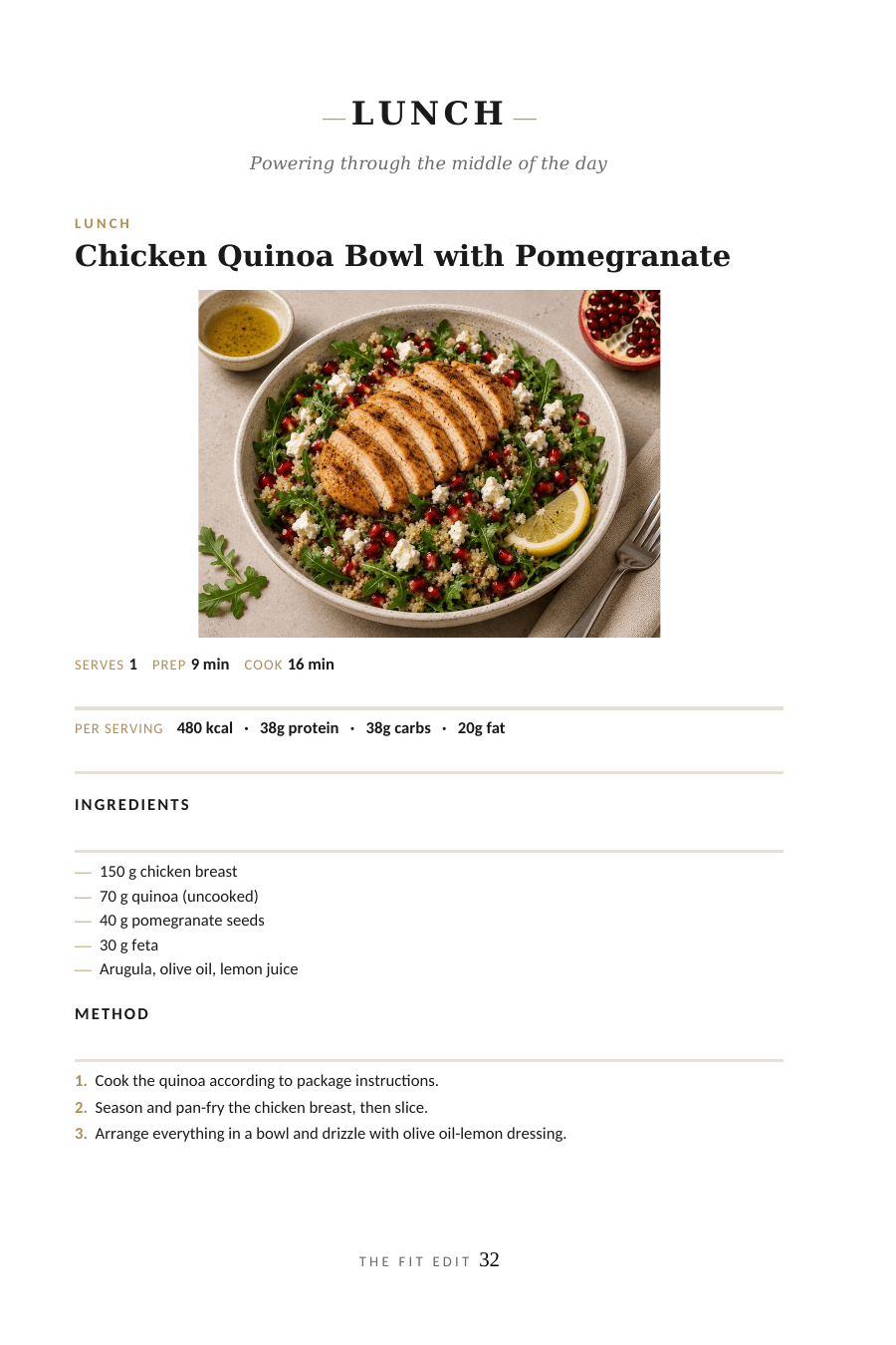 Chicken Quinoa Bowl recipe page from The Protein Edit