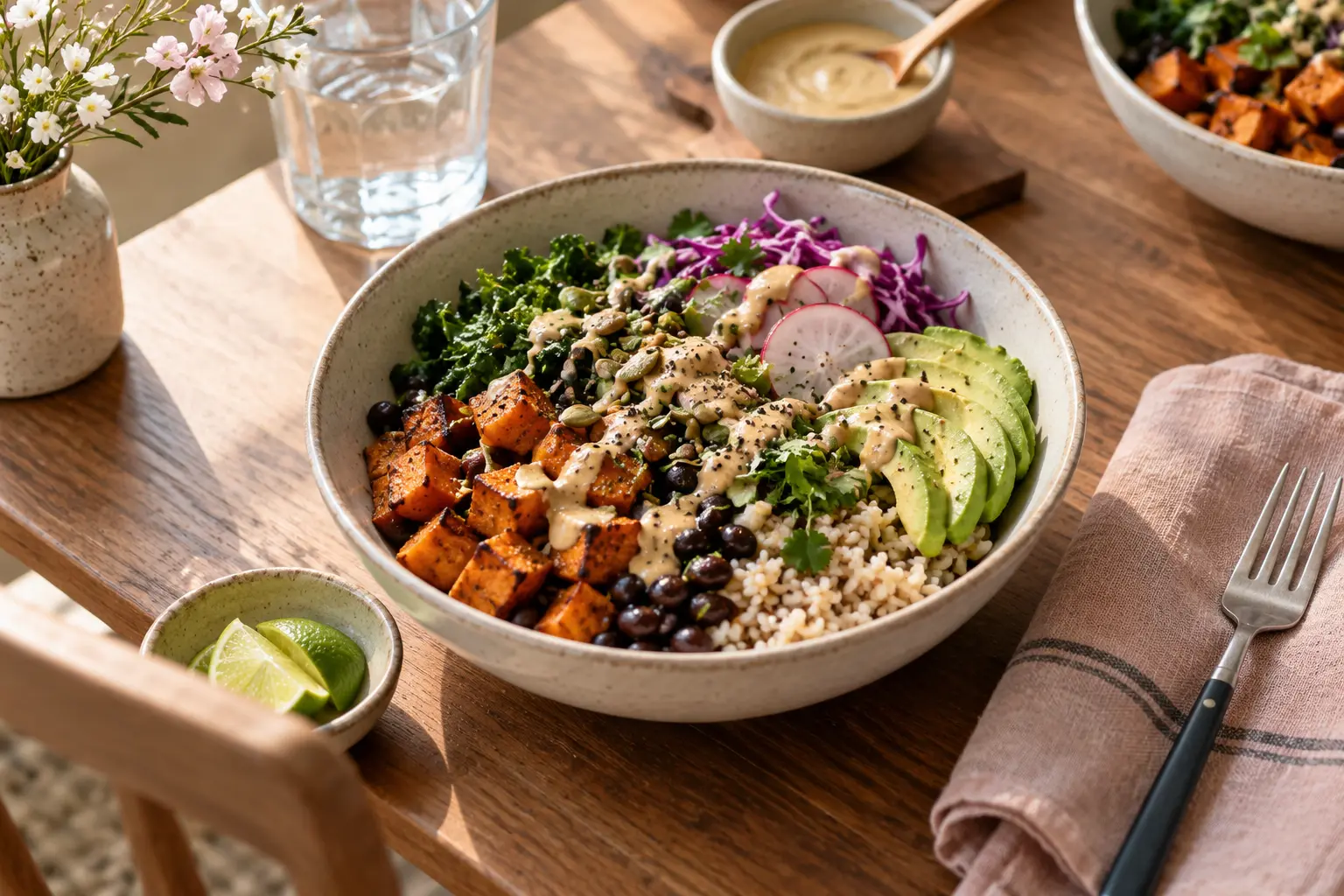 A relaxed rice bowl with vegetables, beans, avocado and dressing.