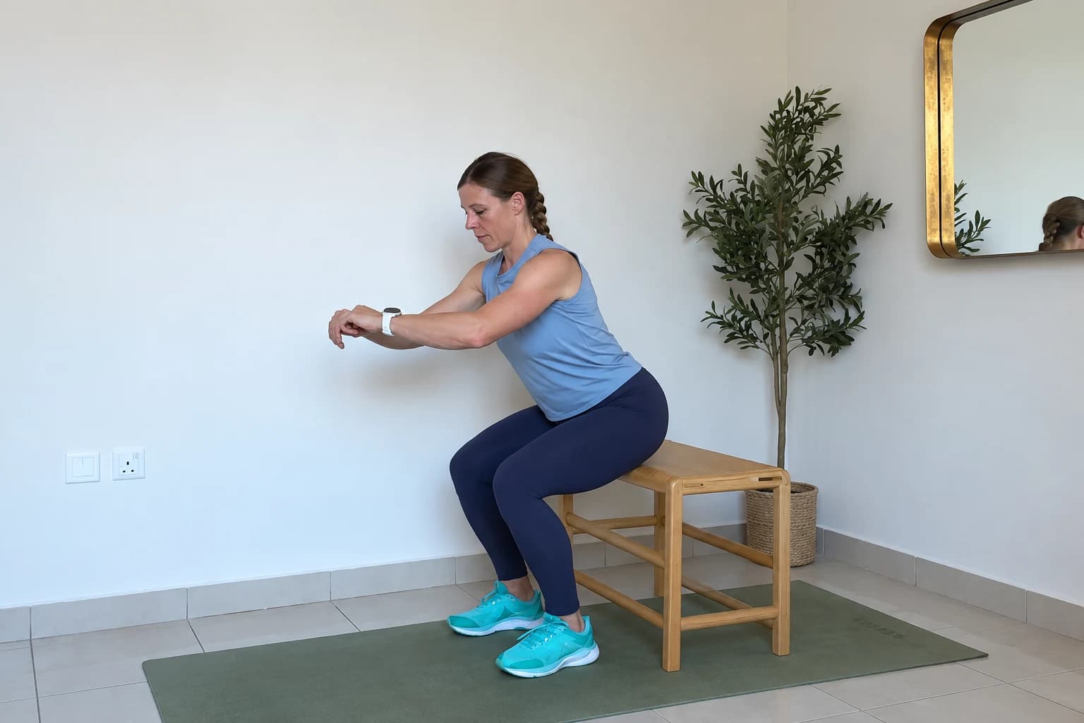 A woman practising a controlled chair squat at home beside a mat and dumbbells.