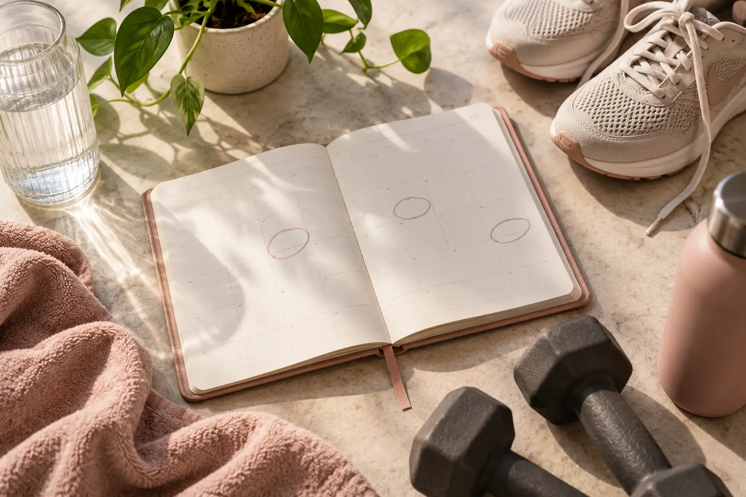 A weekly planner with a few workout days marked beside trainers and dumbbells.